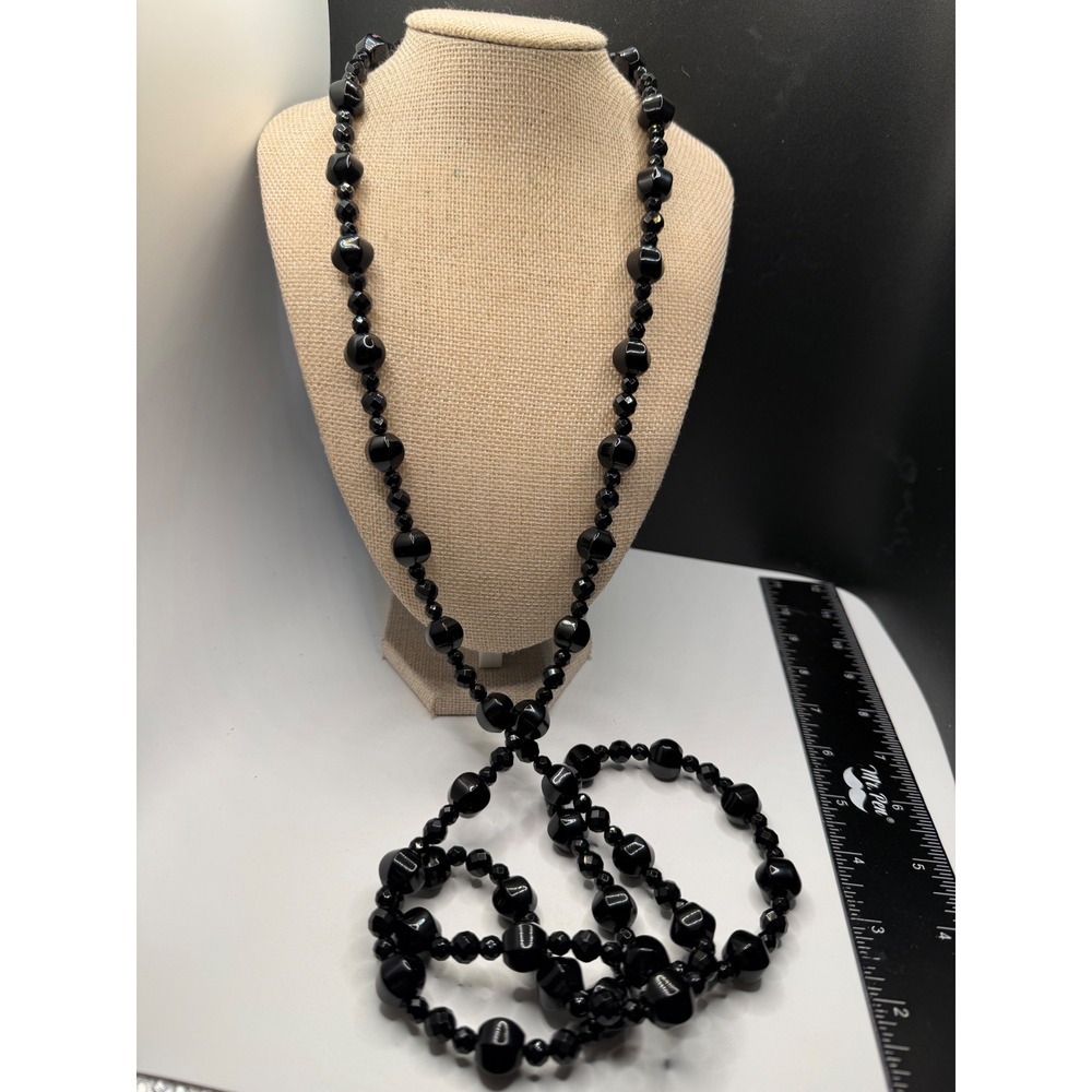 Vintage Black Beaded Flapper Necklace Long Opera Length Faceted Beads 52 Inch